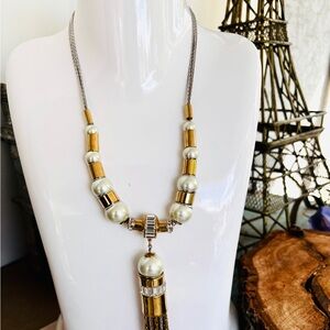 Henri Bendel gold tone Crystals Logo rivet & Fake Pearls tassel necklace